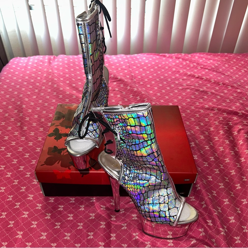 Pleaser Iridescent Silver Peep-Toe Heels